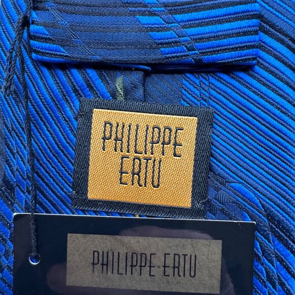 Philippe Ertu Tie 100% Silk Blue Gold Stipe Geo Japan Italy 3.75"x57-59" X5 - Picture 7 of 16